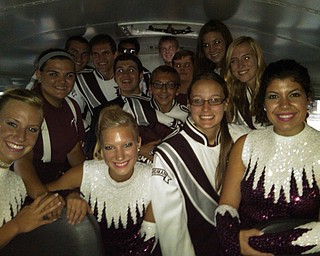 Boardman Band seniors and Sweethearts waiting out the storm on the bus