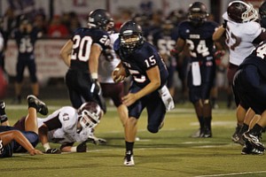 ROBERT  K.  YOSAY  | THE VINDICATOR --..Open Field and almost a TD ( called back )  Fitchs #15   Matt Futkos  runs out of the backfield -  #20   Jared  McHenry and  #43   Dooug Brandt   (boardman) Boardman  vs Fitch @ Fitch   ..(AP Photo/The Vindicator, Robert K. Yosay)