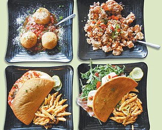 V2’s signature dishes include (clockwise) Arancini diRiso, Crispy Calamari, Prosciutto DiParma and the Meatball Melt.