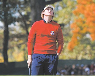 American Brandt Snedeker looks skyward after missing a putt on the first hole of singles play Sunday during
the last round of the Ryder Cup at the Medinah Country Club in Medinah, Ill. After trailing by four points, the
European squad matched a record rally to tie the U.S. team and keep the Cup.