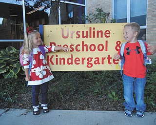 This is a picture of the first day of preschool this year for twins Eva Rose and Georgie Camuso at Ursuline Preschool and Kindergarten in Canfield. Parents are Anthony and Rachel Camuso of Canfield.