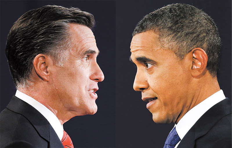 In a photo combo, Republican presidential nominee Mitt Romney and President Barack Obama speak during the first presidential debate at the University of Denver, Wednesday, Oct. 3, 2012, in Denver. (AP Photo/David Goldman/Eric Gay)