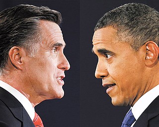 In a photo combo, Republican presidential nominee Mitt Romney and President Barack Obama speak during the first presidential debate at the University of Denver, Wednesday, Oct. 3, 2012, in Denver. (AP Photo/David Goldman/Eric Gay)