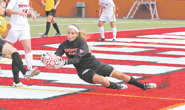 Jackie Podolsky of Canfield has gone from walk-on to goalkeeper for the YSU women’s soccer team. She made 
five saves during the Penguins’ record-breaking seventh win.