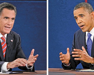 Republican presidential nominee Mitt Romney and President Barack Obama answer questions during the third and final presidential debate at Lynn University in Boca Raton, Fla., on Monday.