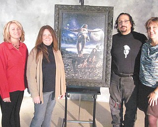 Artist Ray Simon is donating one of his masterpieces to the Simply DeVine Gala and Auction, a benefit for The Way Station of Columbiana. It will be included in the auction that is part of the gala planned from 5:30 to 8 p.m. Nov. 11 at The Links at Firestone Farms, 105 St. Andrews Drive, Columbiana. The 24-by-36-inch print, titled “The Crucifixion: Father Forgive Them For They Know Not What They Do,” has a retail value of $5,000. Admiring the painting are, from left, Cindy Burdick, gala co-chairwoman; Vicki Hopper, executive director of The Way Station; Simon; and Gail Hettrick, gala publicity chairwoman. For tickets call Sharon Frost at 330-482-5903. The painting will be displayed in several Catholic churches, including St. Michael in Canfield and St. Patrick Cathedral in Pittsburgh.