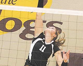 Canfield’s Sabrina Mangapora prepares to spike the ball during the Division II regional volleyball semifinal against Tallmadge on Wednesday at Stow-Munroe Falls High School. The Cardinals defeated the Blue Devils, 3-1, to advance to Saturday’s regional final against Cleveland Heights Beaumont.