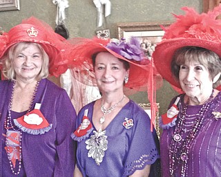 Piccadilly Parlour Victorian Tea Room, 114 S. Broad St., Canfield, was the location of the Sept. 25 meeting of three Red Hat groups. Queens Judy Hoffman, left, Paula DeMatteo and Barb Tidwell, with their club members enjoyed the food and camaraderie. Queen Paula with the Peppy Purple Red Hats from Hermitage, Pa., hosted the tea party while Queen Barb with the Border Queens from Masury and Queen Judy with the Roses of Sharon from Sharon, Pa., enjoyed the festivities. They exchanged ideas for future adventures and played games using red elephant gifts. A door prize was awarded.