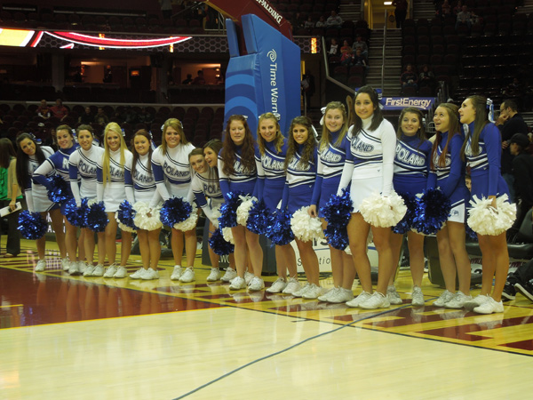 Poland Varsity and Junior Varsity cheerleaders await their turn on the floor at a recent Cleveland Cavaliers basketball game 