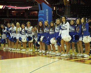 Poland Varsity and Junior Varsity cheerleaders await their turn on the floor at a recent Cleveland Cavaliers basketball game