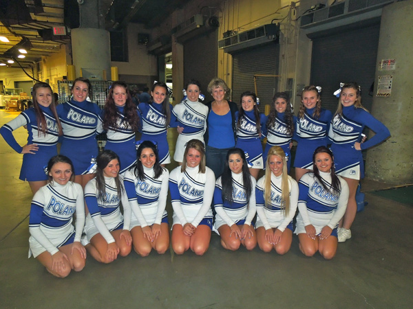 Poland Seminary varsity and junior varsity cheerleaders pose before the performance at "The Q"