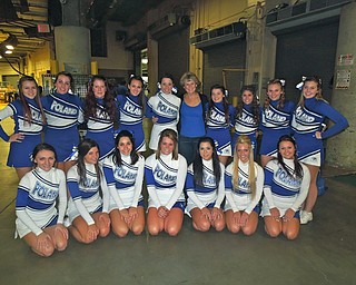 Poland Seminary varsity and junior varsity cheerleaders pose before the performance at "The Q"