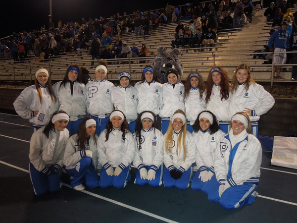 Poland Seminary cheerleaders and our Bulldog mascot are all smiles after their win against Marlington
