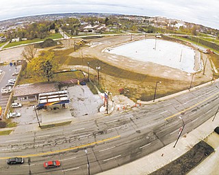 The site of a new YSU sports complex viewed from the DeBartolo Stadium Club atop Stambaugh Stadium with the soccer field/track to the right and softball field to the left.