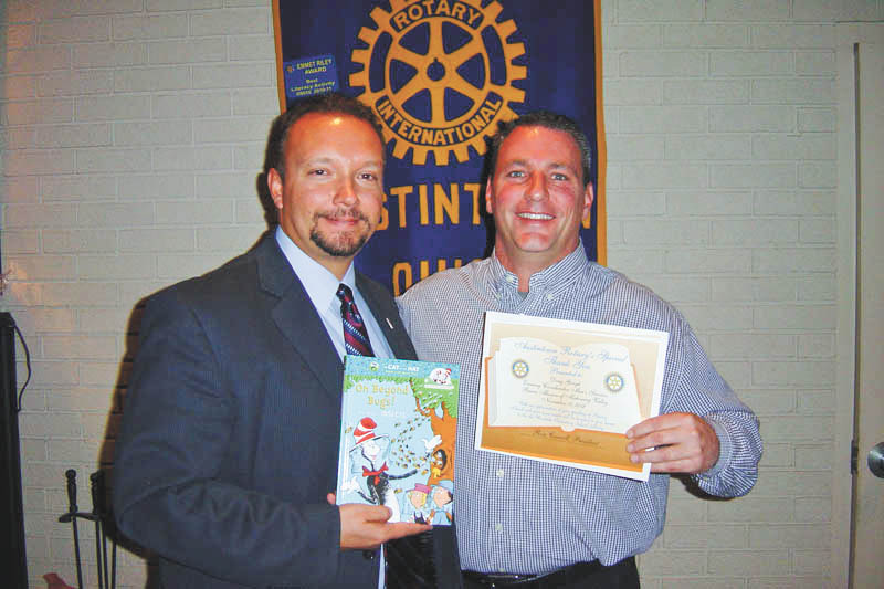 Doug Gough, men’s services client adviser from Rescue Mission of Mahoning Valley, was the guest speaker at a recent meeting of the Austintown Rotary. Since 1893, the Rescue Mission has sheltered the homeless and fed the hungry. Shown with Rotary President-elect Mark Cole is Doug Gough receiving a certificate for a book to be donated to the Woodside Reads Project. For information or to offer aid, call the Rescue Mission at 330-744-5486 or visit 2ndChance@RescueMissionMV.org.
