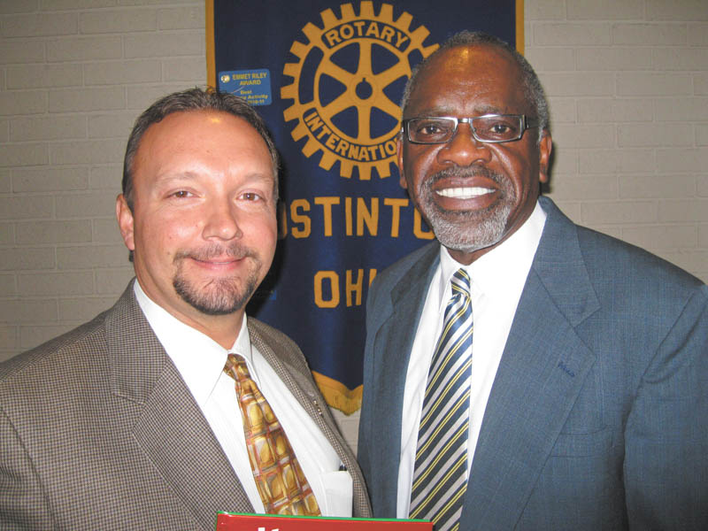 Rotarian and Austintown Superintendent Vince Colaluca, left, introduced Dr. Connie Hathorn, superintendent of Youngstown City Schools, for a second visit to Rotary Club of Austintown. Hathorn gave an update on the district’s successes since he came on board in January 2011. He attributed the system’s improved state rating to changes he has instituted. 