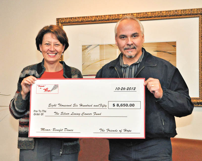 Amy Davidson, left, of Silver Lining Cancer Fund, is shown with Rich Cancio, a member of Friends of Hope, who presented her with an oversized check for $8,650 that was earned at a benefit at Our Lady of Mount Carmel Church in Youngstown in October by the Friends of Hope. The Silver Lining Cancer Fund helps provide wigs, cab fare and grocery items to those who are in active cancer treatment. Cancio’s wife, Bebe is a cancer survivor.