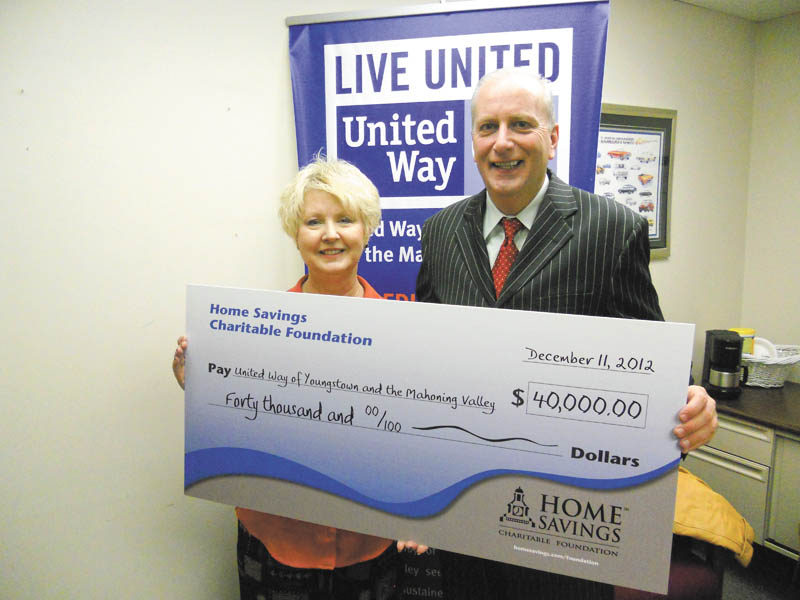 Home Savings Charitable Foundation recently donated $40,000 to United Way of Youngstown and the Mahoning Valley to provide annual program support. Bob Hannon,
president and CPO of United Way, said United Way is the driving force behind 
sustained improvement in the lives of citizens through promotion of education, income, health and community support services. Darlene Pavlock, executive director, Home 
Savings Charitable Foundation, said the foundation is proud to support United Way and its mission. For more about the United Way and its services, call 330-746-8494 or visit 
www.ymvunitedway.org.