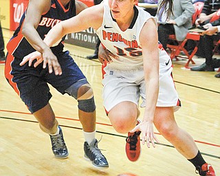 Youngstown State’s Heidi Schlegel (15) drives down the court against Bucknell’s Sheaira Jones during Saturday’s home game. Since returning from a concussion to start the season, Schlegel (aka “the team’s second-leading scorer and rebounder”) has come off the bench in the last nine games, fueling a Penguins team that no longer runs out of gas at the end of games.