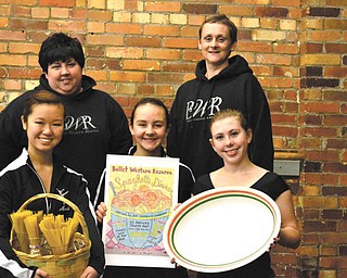 Ballet Western Reserve will sponsor a spaghetti dinner from 11 a.m. to 4 p.m. Jan. 20 at St. Patrick Church hall, 1420 Oak Hill Ave., Youngstown. Ballet company dancers, in front from left, Maeli Foley, Izzy Aey and Jena Styka, hold pasta, a poster and serving dish. In back are parent guild members, Lisa Foley, left, and Anna Aey. Adult dinners will be $7, YSU students with identification and 3- to 12-year-olds cost $5 and those under 3 eat free. Take-out orders will be available. Tickets may be purchased at the door or at Ballet Western Reserve. There also will be a basket auction, 50-50 raffle and bake sale. All proceeds go to Ballet Western Reserve.