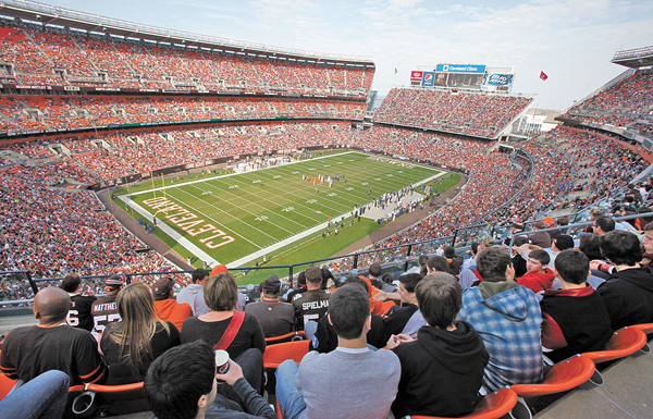Fans watch the action in Cleveland Browns Stadium during a game between the Cleveland Browns and the Seattle Seahawks on Oct. 23, 2011.