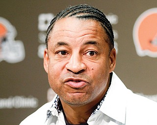 Cleveland Browns defensive coordinator Ray Horton answers questions Tuesday during a news conference at the team’s training facility in Berea. Disappointed that he was not hired as a head coach, Horton feels the league’s Rooney Rule to promote minorities works despite contrary statistics.