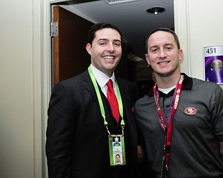 2/3/13 New Orleans LA.-NFL The San Francisco 49er's CEO Jed York, center, poses withYoungstown Ohio businessman Bruce Zoldan and Jed's high school friend Brian Brooke, who was the captain of Cardinal Mooney High school football team when Jed was there, outside his box before the start of Super Bowl XLV11 at the Mercedes Benz Super Dome. The Francisco 49er's take on the Baltimore Ravens Sunday Feb. 3, 2013Photo©Suzi Altman