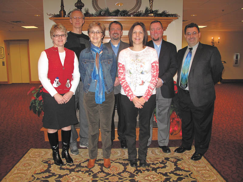 Sponsors for the Columbiana Area Chamber awards banquet set for Feb. 24 at Das Dutch Village Inn are, from left in front, Chris Davis for Sitler the Printer, Ellen Witmer Bowman for Dutch Village Inn, Dr. Richelle Keleman for Columbiana Medical Center, and in back are Doug Nybell for Crystal Dragon Family Martial Arts, Derrick Hart for Staff Right, Sean Holloway for Holloway Insurance and Randall Hart for New York Life. Missing sponsors are All Points Physical Medicine, Home Savings and Loan, Farmers Bank and Wilson’s Furniture.