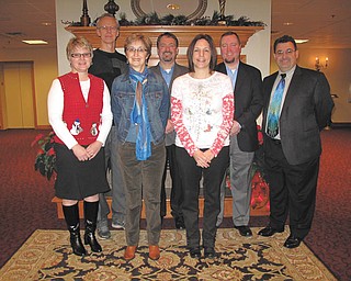 Sponsors for the Columbiana Area Chamber awards banquet set for Feb. 24 at Das Dutch Village Inn are, from left in front, Chris Davis for Sitler the Printer, Ellen Witmer Bowman for Dutch Village Inn, Dr. Richelle Keleman for Columbiana Medical Center, and in back are Doug Nybell for Crystal Dragon Family Martial Arts, Derrick Hart for Staff Right, Sean Holloway for Holloway Insurance and Randall Hart for New York Life. Missing sponsors are All Points Physical Medicine, Home Savings and Loan, Farmers Bank and Wilson’s Furniture.