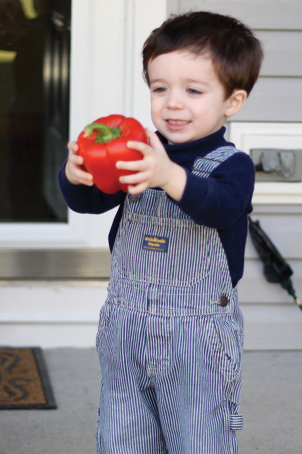 Wesley beams as he examines a red bell pepper he pulled out of the box.