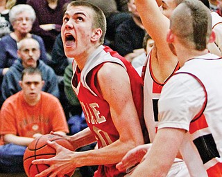 LaBrae’s Peyton Aldrige (10) eyes the basket during a Division III district semifinal against Newton Falls on Monday night at Howland.