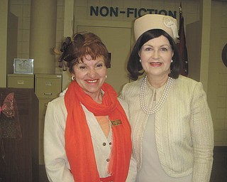 Roselyn Gadd, left, will welcome Carol Starre-Kmiecik to the area as she portrays Jacqueline Kennedy at 10 a.m. Monday at Austintown Library Community Room, Raccoon Road. The event is sponsored by Friends of Austintown Library in honor of American Woman’s Month. Starre-Kmiecik’s performances are educational and entertaining. Admission is free. SPECIAL TO THE VINDICATOR