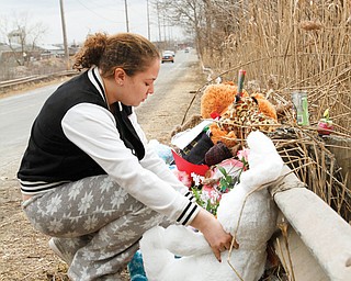Teiranny Hardman of Warren places a stuffed animal Monday at the scene where six Warren teenagers were killed. The Sunday morning crash on Niles-Warren River Road occurred just north of Burton Street and across from the former RG Steel mill near the Warren-Howland Township line.