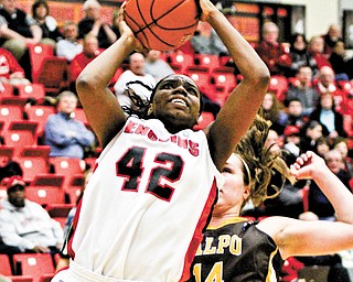 Youngstown State senior forward Brandi Brown (42) was named the Horizon League’s player of the year after
finishing second in the conference in scoring and first in rebounding. Three years after going 0-30 as a freshman, Brown sparked the Penguins to a 21-8 mark and the second seed in this week’s conference tournament.