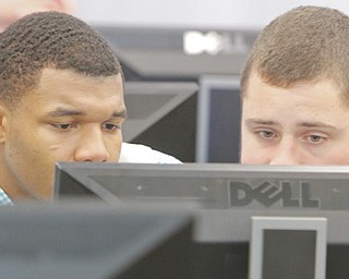 Braylen Wigfall, left, and David Horvath of Campbell work on their business model Thursday during the Junior Achievement of Mahoning Valley Titan Challenge at Youngstown State University. Twenty teams from Mahoning Valley high schools competed in the fourth annual competition.