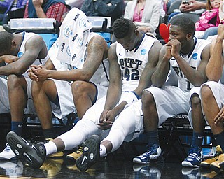 Pittsburgh players watch from the bench during the final minutes of their game against Wichita State during Round 2 of the NCAA basketball tournament Thursday in Salt Lake City. The No. 8 Panthers were eliminated by the ninth-seeded Shockers, 73-55.
