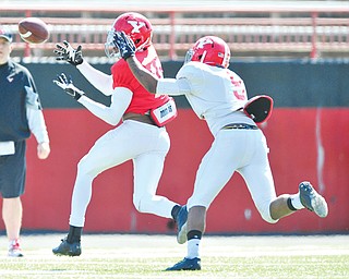 Youngstown State receiver Marcel Caver (16) catches a pass while avoiding defensive back Julius Childs (9) during Saturday’s practice at Stambaugh Stadium.