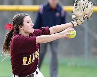 South Range pitcher Carly DeRose works against Jackson-Milton on Tuesday. DeRose threw her second no-hitter of the season in the Raiders’ 8-0 victory over the Bluejays. DeRose improved her record to 6-0. South Range is 8-1 (6-0 ITCL Tier One).