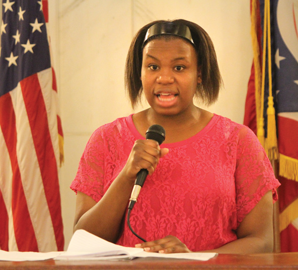 Micah Smith, a 2013 Sojourn to the Past student participant, gives introductory remarks explaining why Dr. Martin Luther King wrote his famous Letter from Birmingham Jail after his arrest in a 1963 civil-rights demonstration. The letter was read Tuesday in a Mahoning County Courthouse observance of its 50th anniversary.