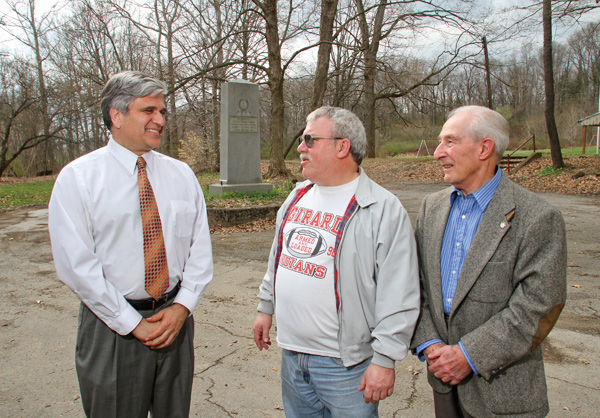 From left, Girard Mayor James Melfi and councilmen at-large Lou Adovasio and Sonny Schuyler stand at Liberty Memorial Park. City council and Melfi are collaborating on an effort to bring soccer to the park in hopes of revitalizing it.