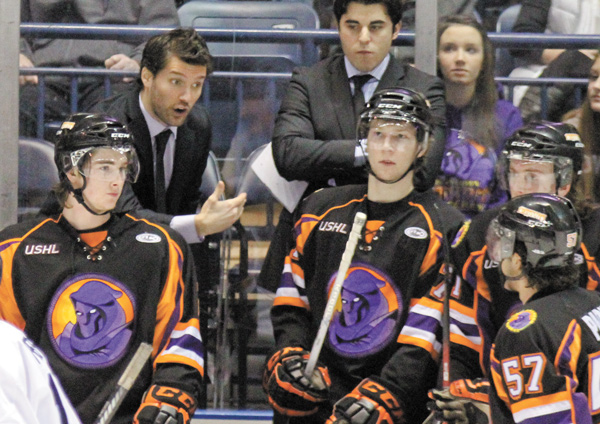 Phantoms second-year head coach Anthony Noreen discusses strategy with forward John Padulo (57) during a regular-season game at the Covelli Centre. Noreen’s third-seeded Phantoms take on the top-seeded Dubuque
Fighting Saints for the USHL East Conference title in a best-of-five game series that begins Friday in Dubuque, Iowa.