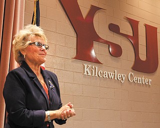Cynthia E. Anderson, outgoing president of Youngstown State University, received a standing ovation Tuesday for her years of service at the end of her last State of the University address. Anderson is retiring July 1 after three years as YSU president and has been at the university nearly 40 years.