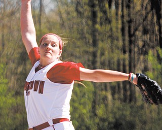 YSU’s Hana Somogyi winds up on the mound during the first game of a doubleheader against St. Bonaventure on Wednesday at McCune Park in Canfield. The Penguins downed the Bonnies, 7-1, but lost the nightcap, 7-4.