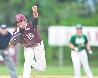 Boardman’s Eddie Crump throws a pitch during Wednesday’s game against Ursuline in Boardman. Crump, a junior, earned his second victory, as the Spartans downed the previously unbeaten Irish, 5-1.