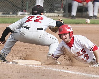William D Lewis The Vindicator Niles' Jacob Foster(12) gets back to first ahead of the ball during a 2nd inning pickoff attempt Tuesday in Niles. Canfield 1rst baseman Alec Hammond(22) waits for the throw. Niles won 1-0.