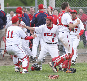 William d Lewis The Vindicator  Niles catcher Tyler Wiery(6) celebrates with team mates Cameron Carson(11) Ryan Ifft(4) and Brennan Baker(17) after defeating Cnfield 1-0 during 5-14 game at Niles.