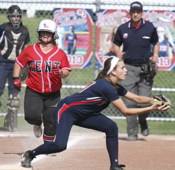 William D. Lewis\The Vindicator Kent's xxxxxxx(11) is out at first as Fitch 1rst baseman Gabby Butcher(11) makes the catch during 5/15 game at Fitch. The Falcons won 4-2..
