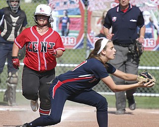 William D. Lewis\The Vindicator Kent's xxxxxxx(11) is out at first as Fitch 1rst baseman Gabby Butcher(11) makes the catch during 5/15 game at Fitch. The Falcons won 4-2..