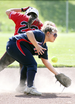 William D. Lewis\The Vindicator Fitch's Alex Corradi(13) looses the ball as Kent's xxxxxx (23) is safe at 2nd in a steal during 5/15/13 game aqt Fitch. Falcons won 4-2..