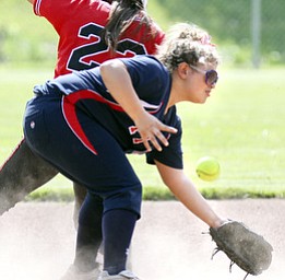 William D. Lewis\The Vindicator Fitch's Alex Corradi(13) looses the ball as Kent's xxxxxx (23) is safe at 2nd in a steal during 5/15/13 game aqt Fitch. Falcons won 4-2..
